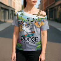 Funny Silly Goose on The Loose Cross Shoulder Shirt with Skateboard and Palm Trees