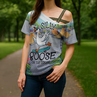Funny Silly Goose on The Loose Cross Shoulder Shirt with Skateboard and Palm Trees