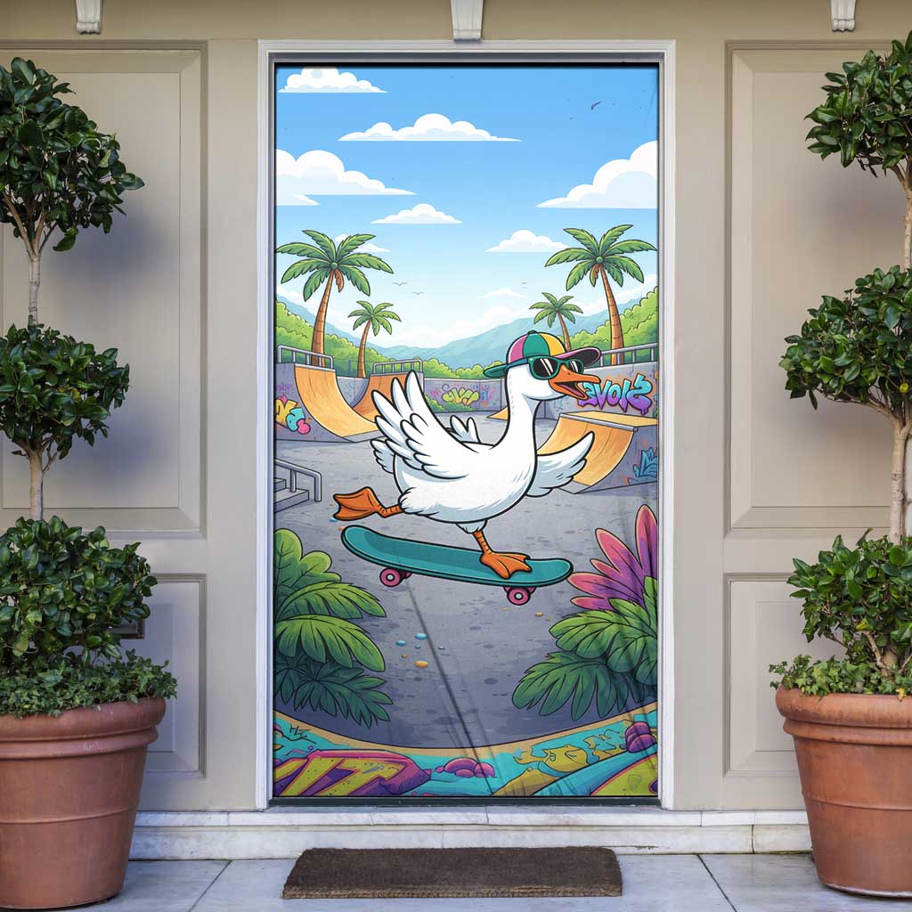 Funny Silly Goose on The Loose Door Cover with Skateboard and Palm Trees