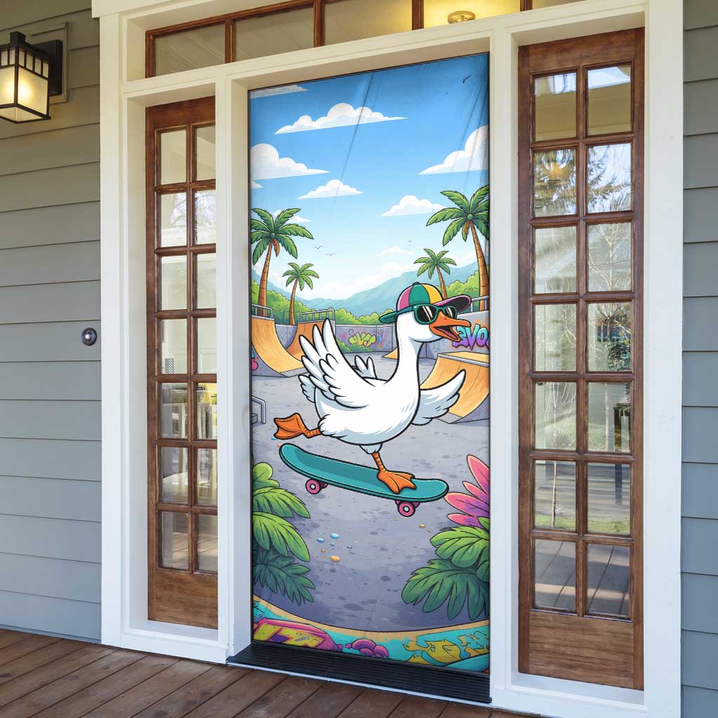 Funny Silly Goose on The Loose Door Cover with Skateboard and Palm Trees