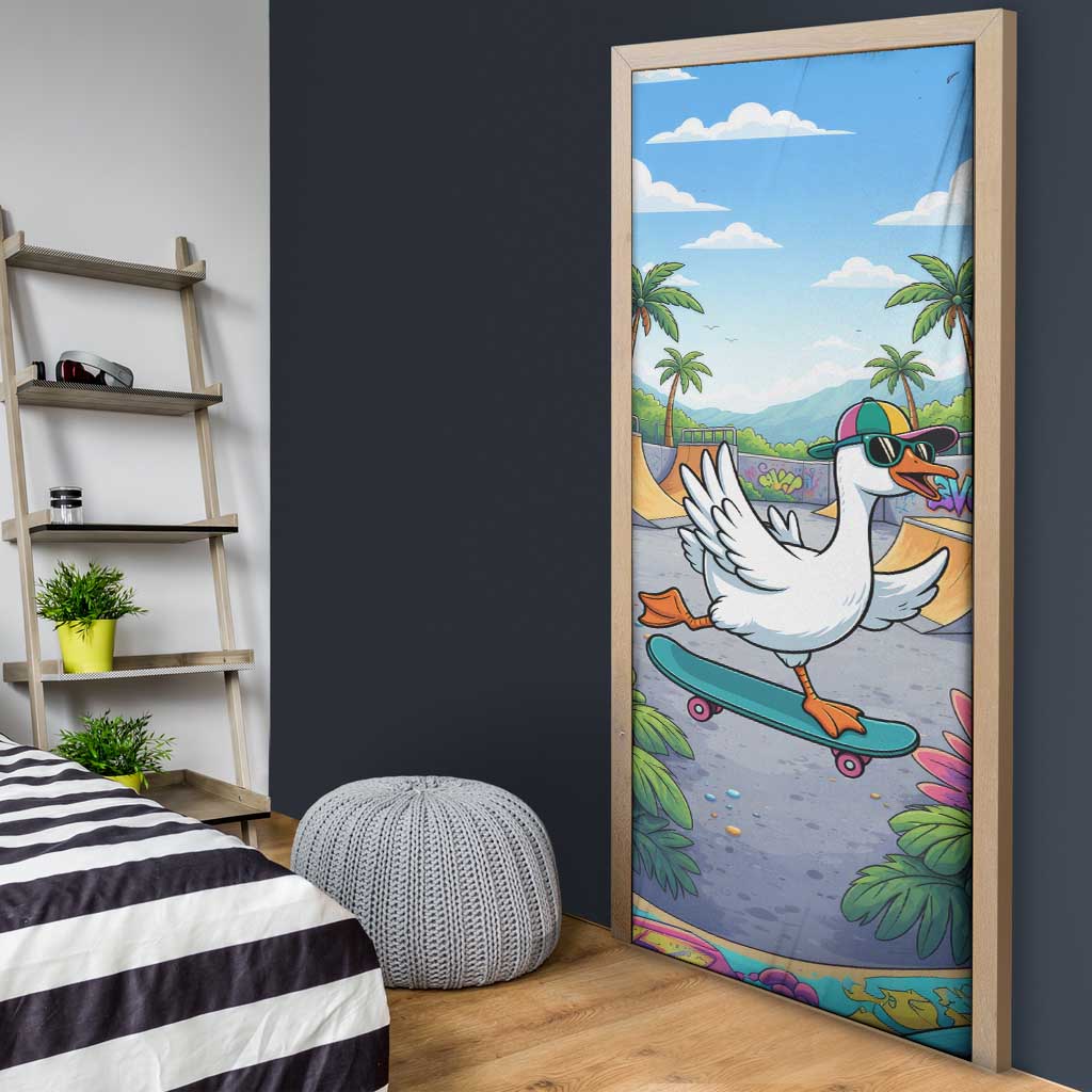 Funny Silly Goose on The Loose Door Cover with Skateboard and Palm Trees