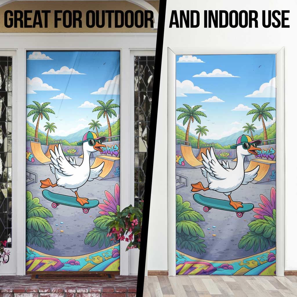 Funny Silly Goose on The Loose Door Cover with Skateboard and Palm Trees