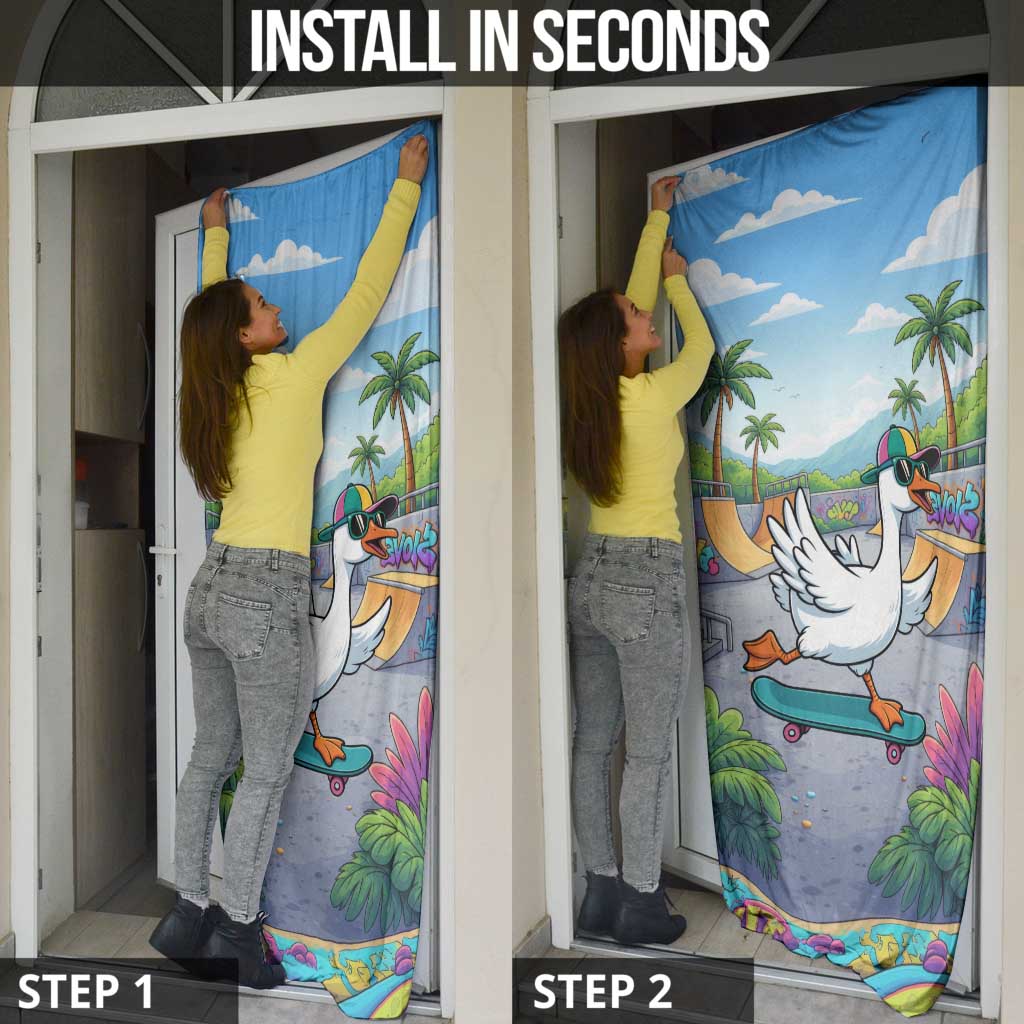 Funny Silly Goose on The Loose Door Cover with Skateboard and Palm Trees