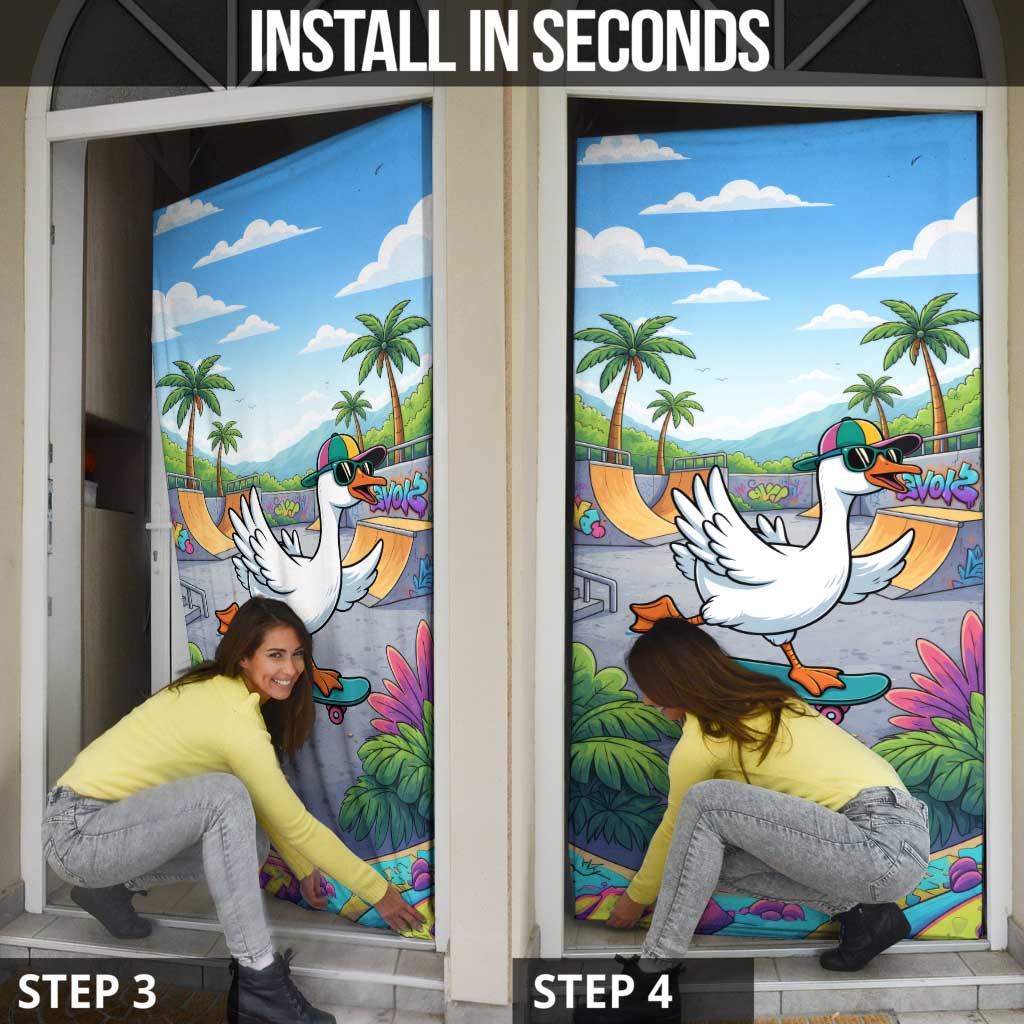 Funny Silly Goose on The Loose Door Cover with Skateboard and Palm Trees