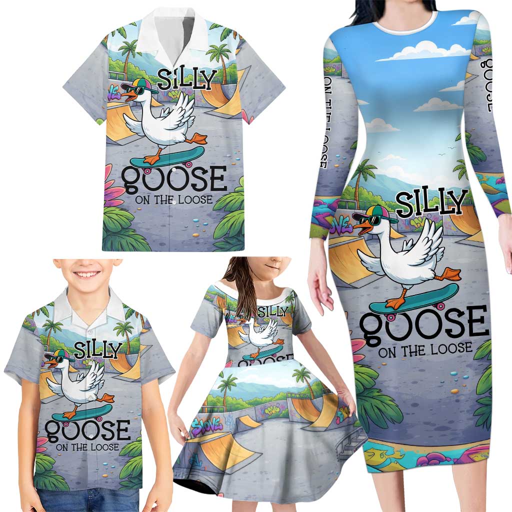 Funny Silly Goose on The Loose Family Matching Long Sleeve Bodycon Dress and Hawaiian Shirt with Skateboard and Palm Trees