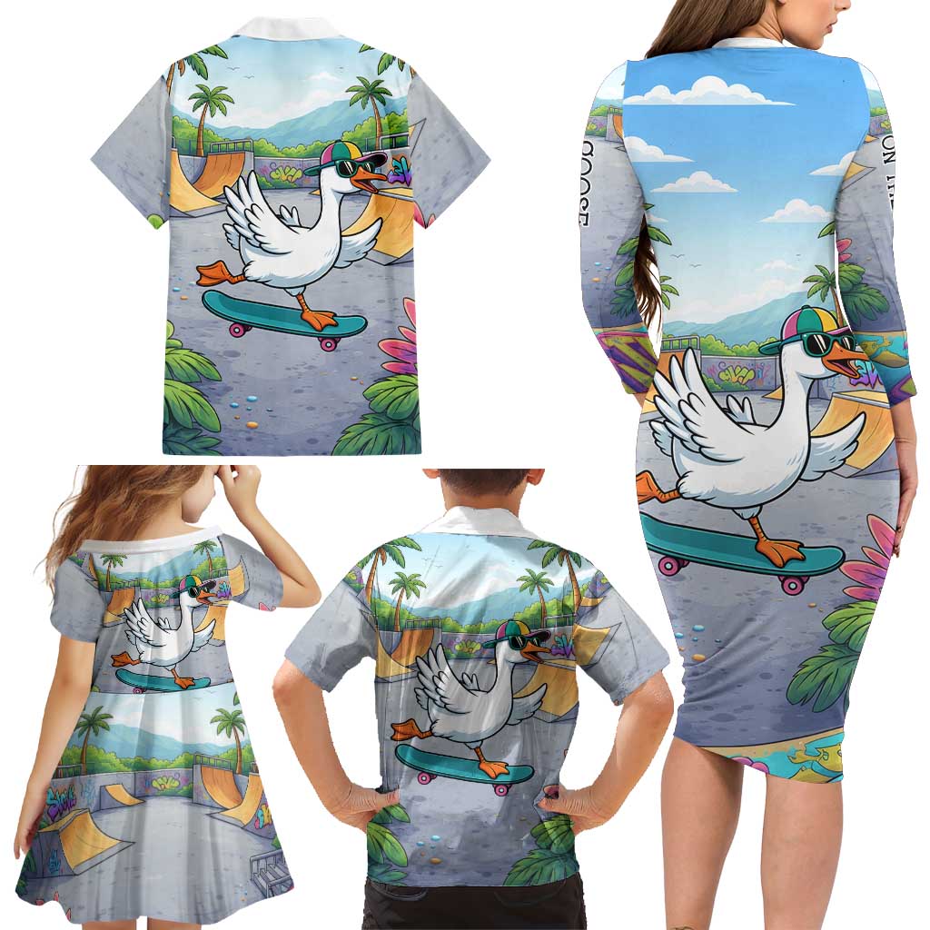 Funny Silly Goose on The Loose Family Matching Long Sleeve Bodycon Dress and Hawaiian Shirt with Skateboard and Palm Trees
