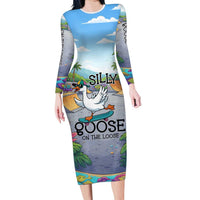 Funny Silly Goose on The Loose Family Matching Long Sleeve Bodycon Dress and Hawaiian Shirt with Skateboard and Palm Trees