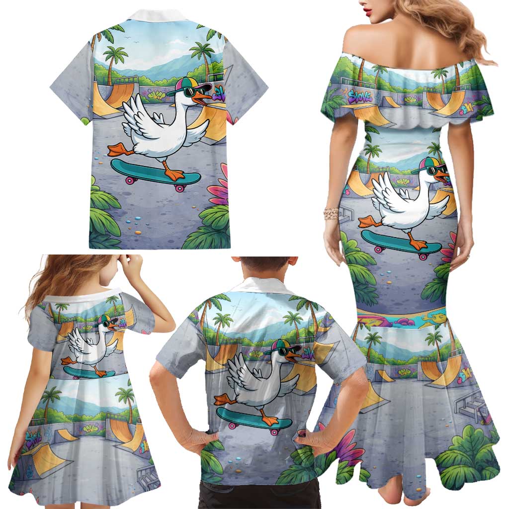 Funny Silly Goose on The Loose Family Matching Mermaid Dress and Hawaiian Shirt with Skateboard and Palm Trees