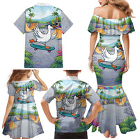 Funny Silly Goose on The Loose Family Matching Mermaid Dress and Hawaiian Shirt with Skateboard and Palm Trees