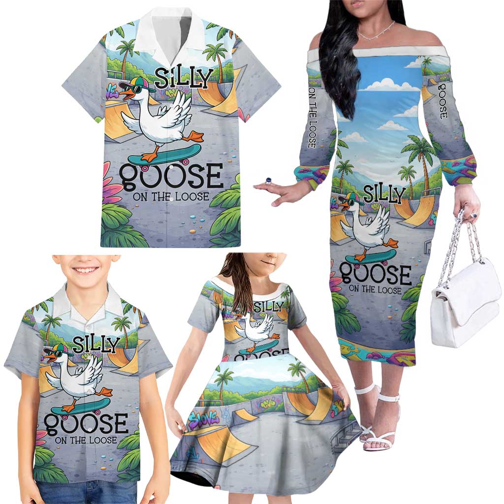 Funny Silly Goose on The Loose Family Matching Off The Shoulder Long Sleeve Dress and Hawaiian Shirt with Skateboard and Palm Trees