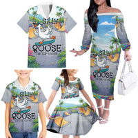 Funny Silly Goose on The Loose Family Matching Off The Shoulder Long Sleeve Dress and Hawaiian Shirt with Skateboard and Palm Trees