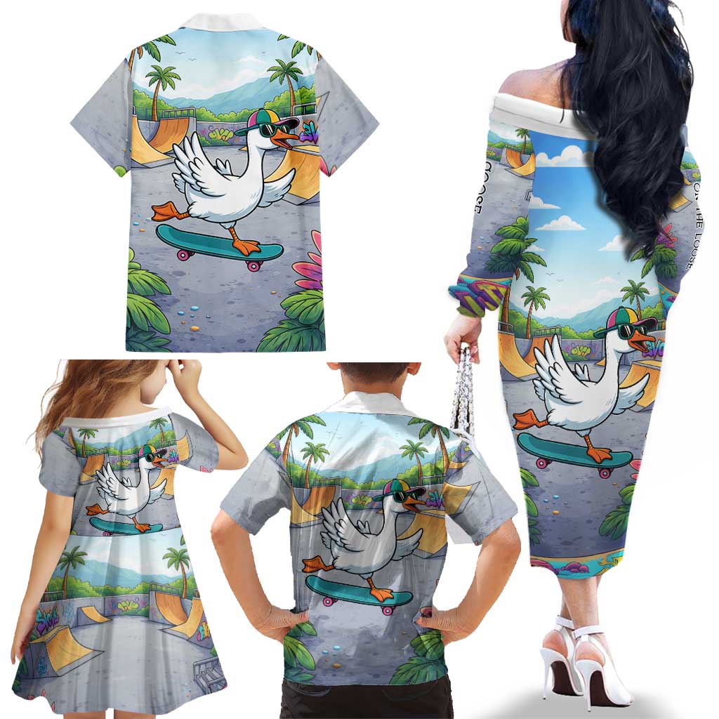 Funny Silly Goose on The Loose Family Matching Off The Shoulder Long Sleeve Dress and Hawaiian Shirt with Skateboard and Palm Trees