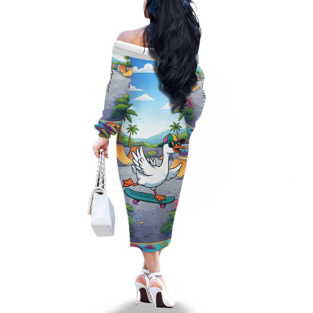 Funny Silly Goose on The Loose Family Matching Off The Shoulder Long Sleeve Dress and Hawaiian Shirt with Skateboard and Palm Trees