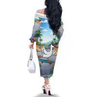 Funny Silly Goose on The Loose Family Matching Off The Shoulder Long Sleeve Dress and Hawaiian Shirt with Skateboard and Palm Trees