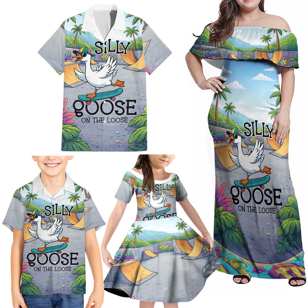 Funny Silly Goose on The Loose Family Matching Off Shoulder Maxi Dress and Hawaiian Shirt with Skateboard and Palm Trees