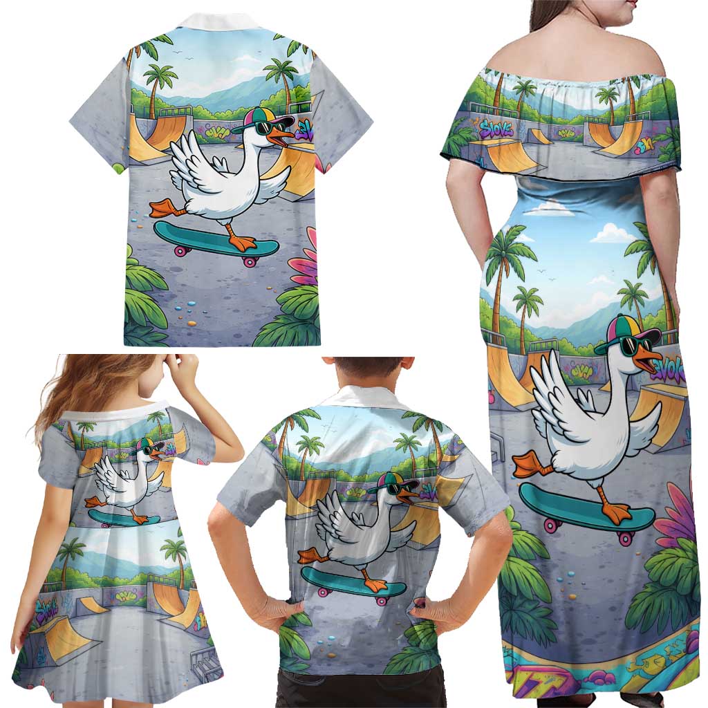 Funny Silly Goose on The Loose Family Matching Off Shoulder Maxi Dress and Hawaiian Shirt with Skateboard and Palm Trees