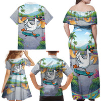 Funny Silly Goose on The Loose Family Matching Off Shoulder Maxi Dress and Hawaiian Shirt with Skateboard and Palm Trees