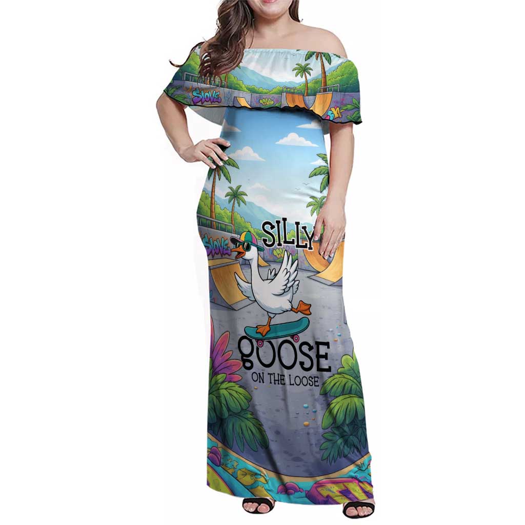 Funny Silly Goose on The Loose Family Matching Off Shoulder Maxi Dress and Hawaiian Shirt with Skateboard and Palm Trees