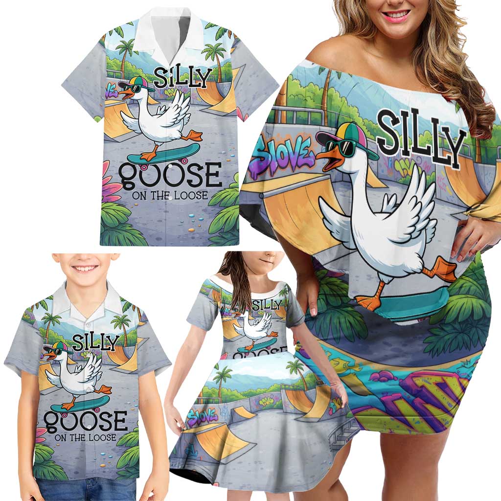 Funny Silly Goose on The Loose Family Matching Off Shoulder Short Dress and Hawaiian Shirt with Skateboard and Palm Trees