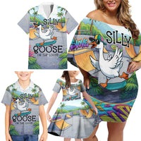 Funny Silly Goose on The Loose Family Matching Off Shoulder Short Dress and Hawaiian Shirt with Skateboard and Palm Trees