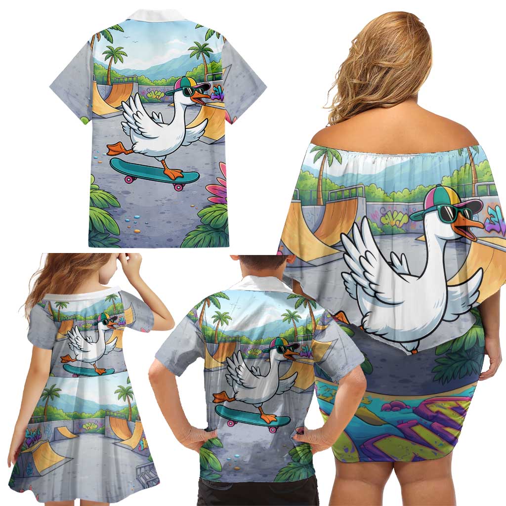 Funny Silly Goose on The Loose Family Matching Off Shoulder Short Dress and Hawaiian Shirt with Skateboard and Palm Trees