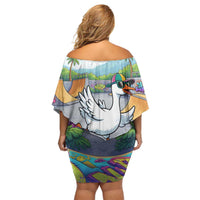 Funny Silly Goose on The Loose Family Matching Off Shoulder Short Dress and Hawaiian Shirt with Skateboard and Palm Trees
