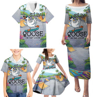 Funny Silly Goose on The Loose Family Matching Puletasi and Hawaiian Shirt with Skateboard and Palm Trees
