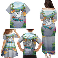 Funny Silly Goose on The Loose Family Matching Puletasi and Hawaiian Shirt with Skateboard and Palm Trees