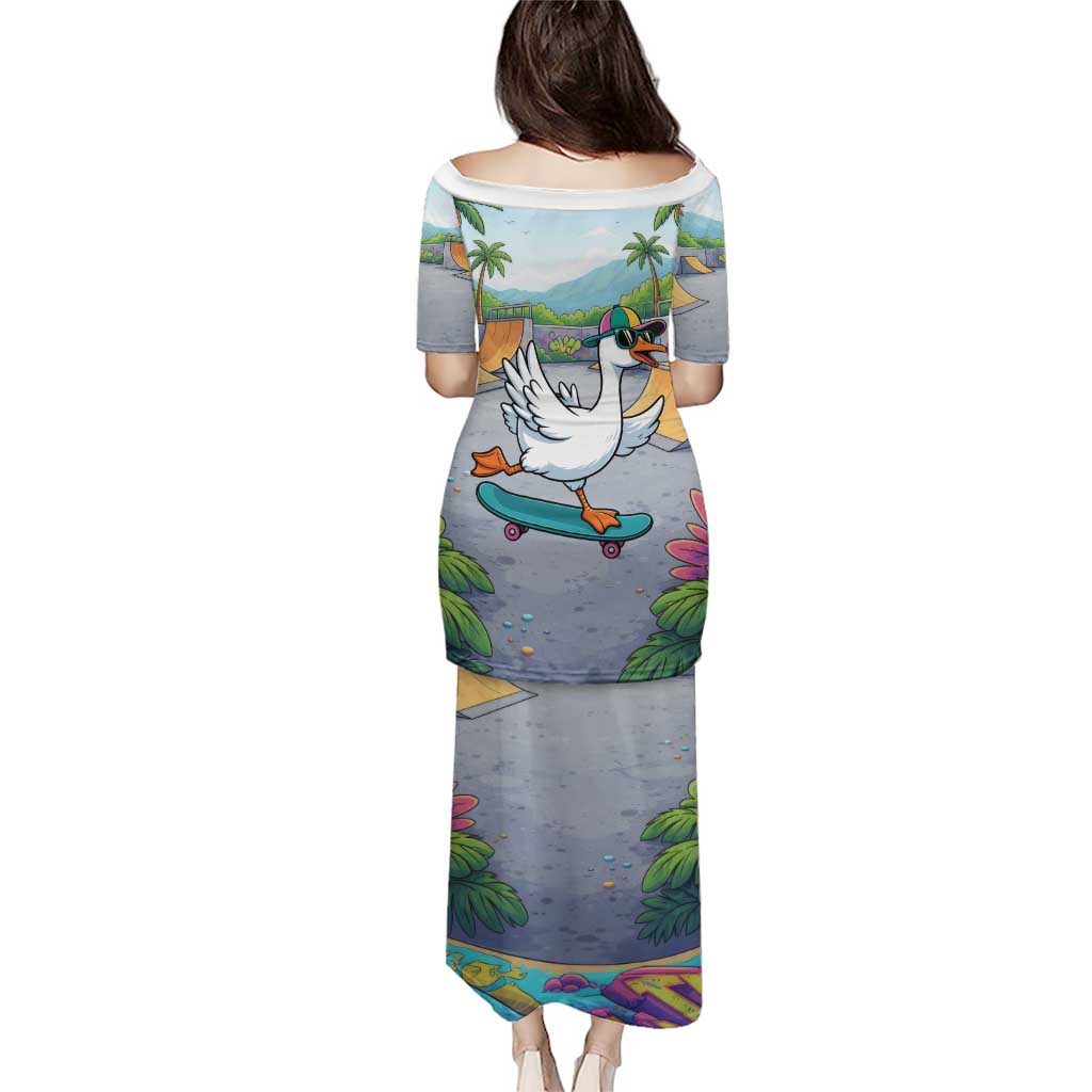 Funny Silly Goose on The Loose Family Matching Puletasi and Hawaiian Shirt with Skateboard and Palm Trees