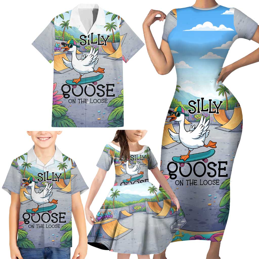 Funny Silly Goose on The Loose Family Matching Short Sleeve Bodycon Dress and Hawaiian Shirt with Skateboard and Palm Trees
