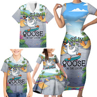 Funny Silly Goose on The Loose Family Matching Short Sleeve Bodycon Dress and Hawaiian Shirt with Skateboard and Palm Trees