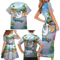 Funny Silly Goose on The Loose Family Matching Short Sleeve Bodycon Dress and Hawaiian Shirt with Skateboard and Palm Trees