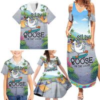 Funny Silly Goose on The Loose Family Matching Summer Maxi Dress and Hawaiian Shirt with Skateboard and Palm Trees