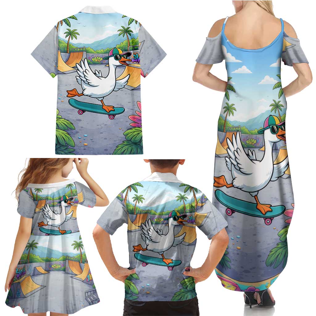 Funny Silly Goose on The Loose Family Matching Summer Maxi Dress and Hawaiian Shirt with Skateboard and Palm Trees