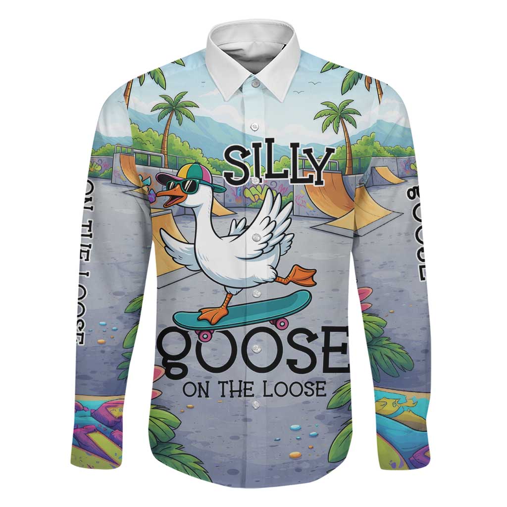 Funny Silly Goose on The Loose Family Matching Summer Maxi Dress and Hawaiian Shirt with Skateboard and Palm Trees