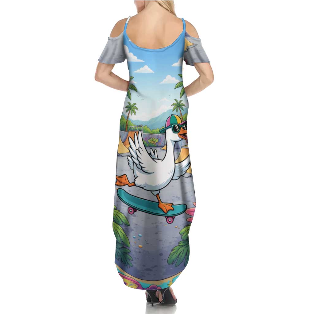 Funny Silly Goose on The Loose Family Matching Summer Maxi Dress and Hawaiian Shirt with Skateboard and Palm Trees