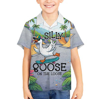 Funny Silly Goose on The Loose Family Matching Summer Maxi Dress and Hawaiian Shirt with Skateboard and Palm Trees