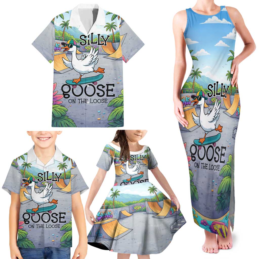 Funny Silly Goose on The Loose Family Matching Tank Maxi Dress and Hawaiian Shirt with Skateboard and Palm Trees