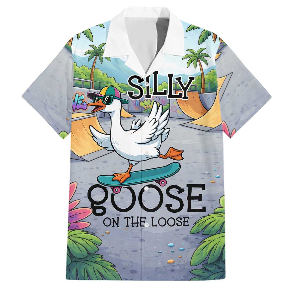 Funny Silly Goose on The Loose Family Matching Tank Maxi Dress and Hawaiian Shirt with Skateboard and Palm Trees