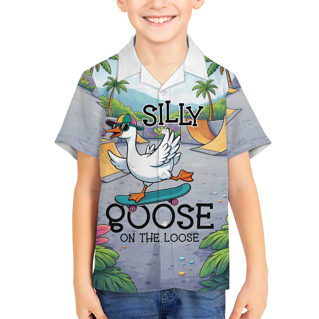 Funny Silly Goose on The Loose Family Matching Tank Maxi Dress and Hawaiian Shirt with Skateboard and Palm Trees