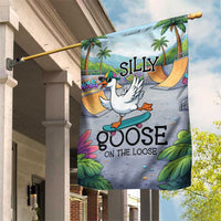 Funny Silly Goose on The Loose Garden Flag with Skateboard and Palm Trees