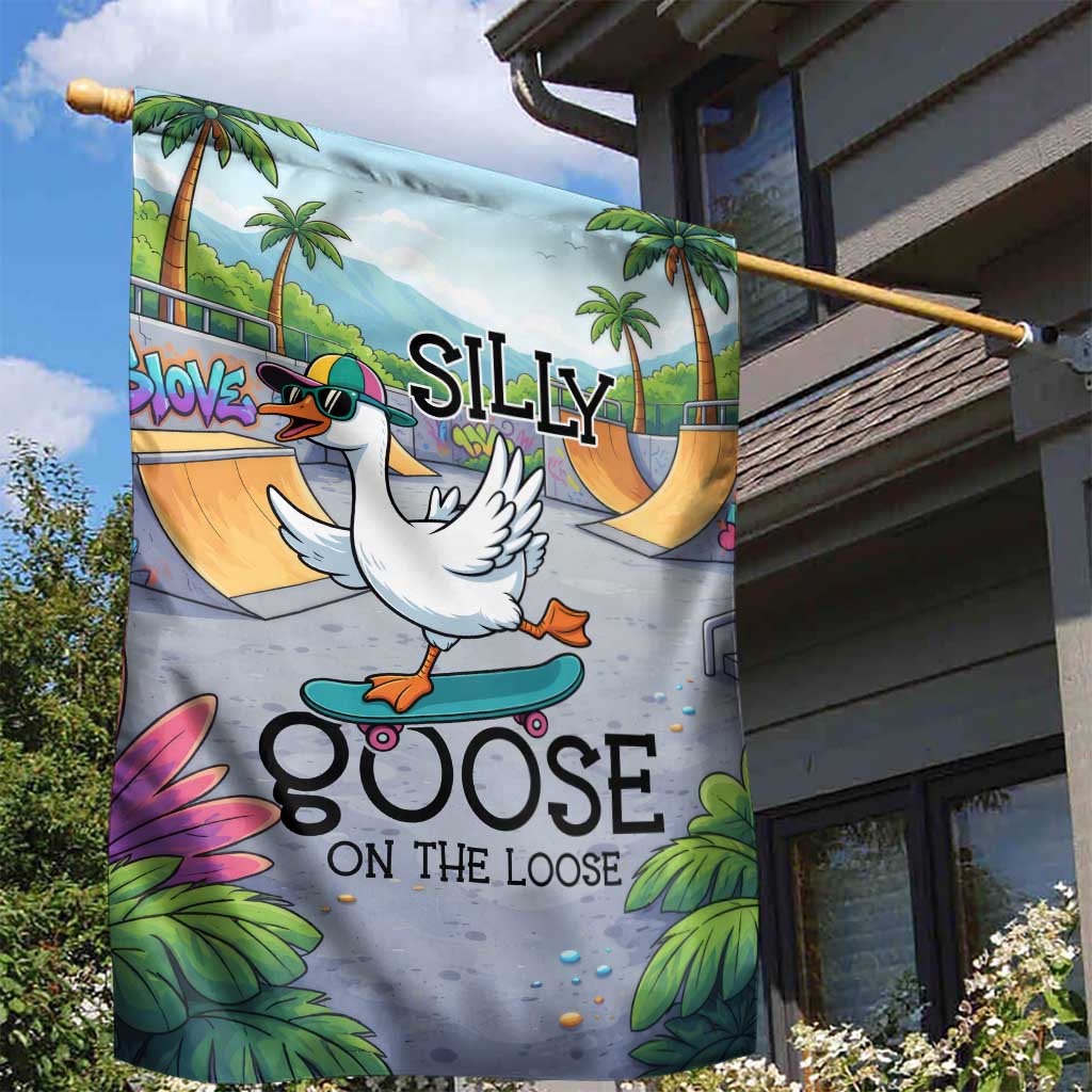 Funny Silly Goose on The Loose Garden Flag with Skateboard and Palm Trees