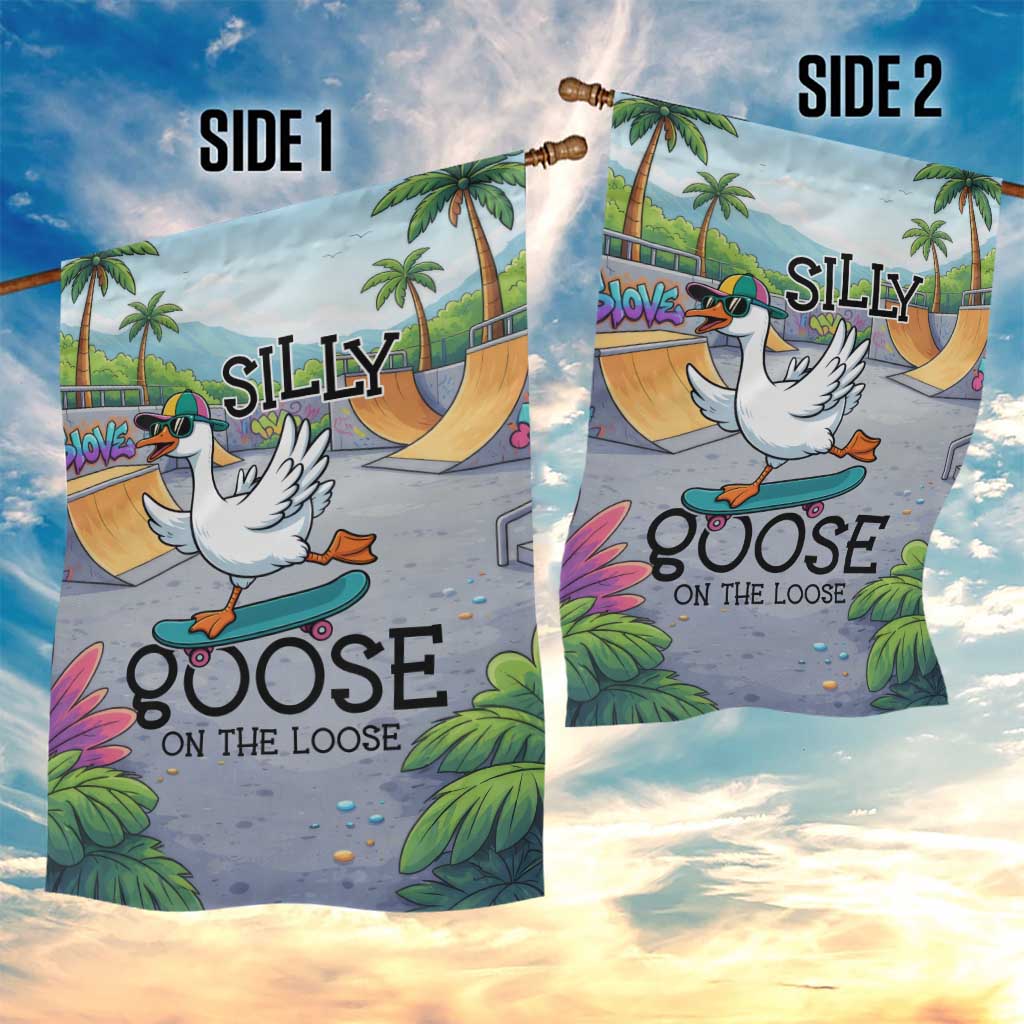 Funny Silly Goose on The Loose Garden Flag with Skateboard and Palm Trees