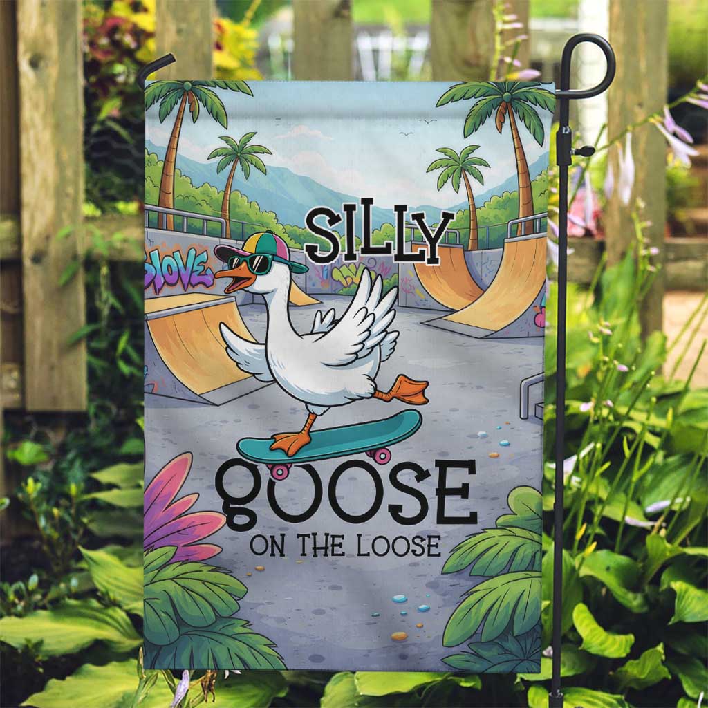 Funny Silly Goose on The Loose Garden Flag with Skateboard and Palm Trees