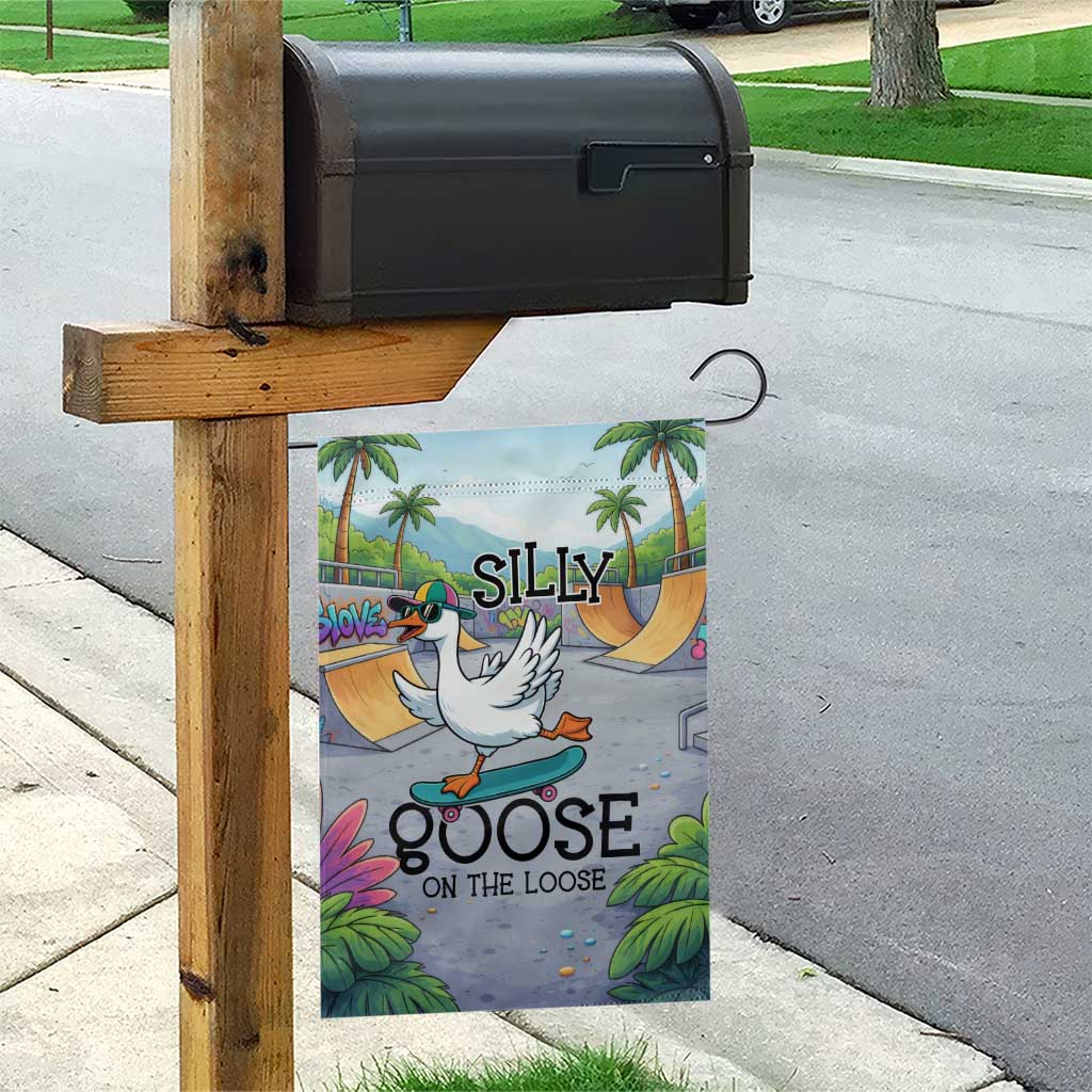 Funny Silly Goose on The Loose Garden Flag with Skateboard and Palm Trees