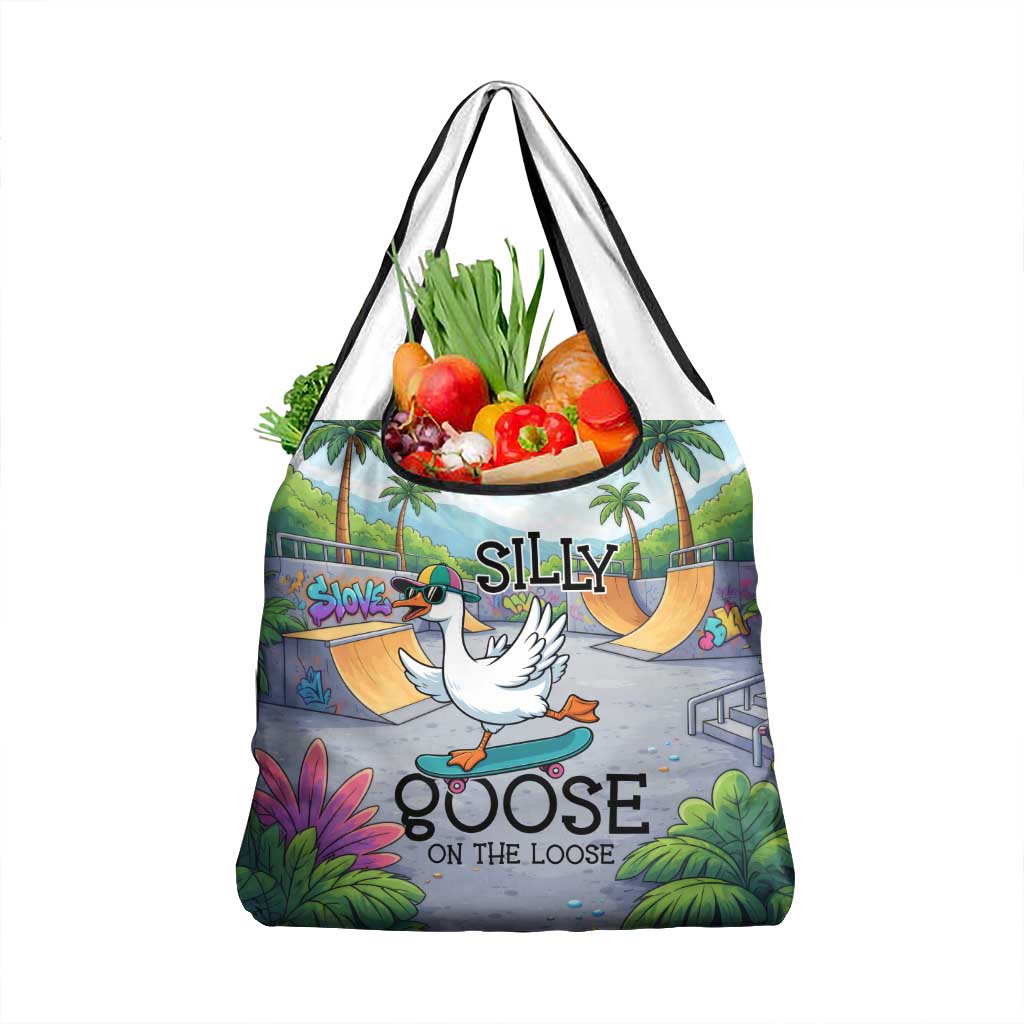 Funny Silly Goose on The Loose Grocery Bag with Skateboard and Palm Trees
