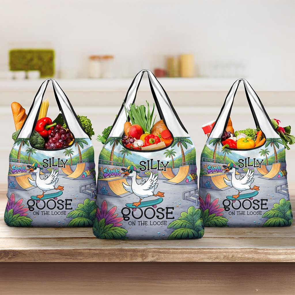 Funny Silly Goose on The Loose Grocery Bag with Skateboard and Palm Trees