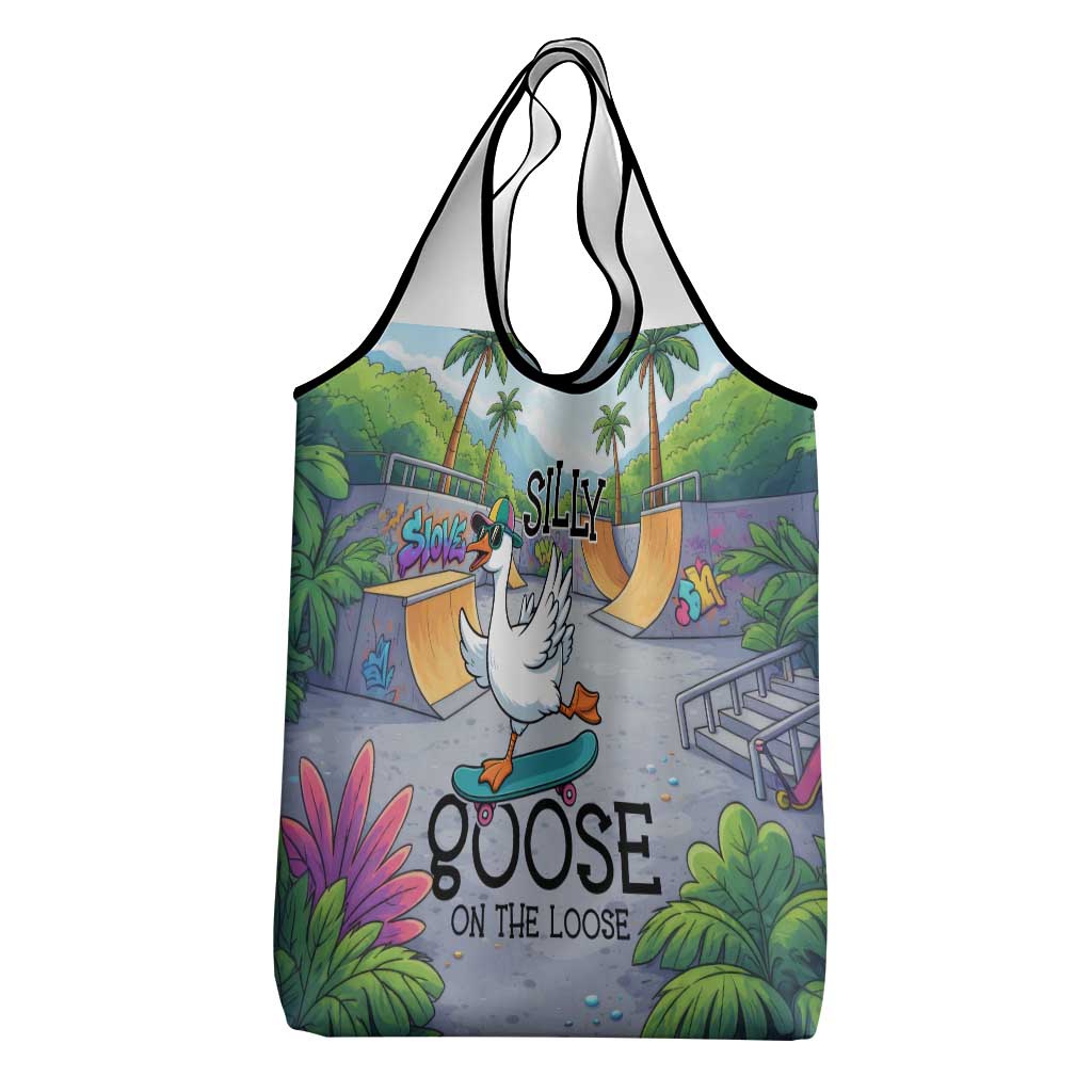 Funny Silly Goose on The Loose Grocery Bag with Skateboard and Palm Trees