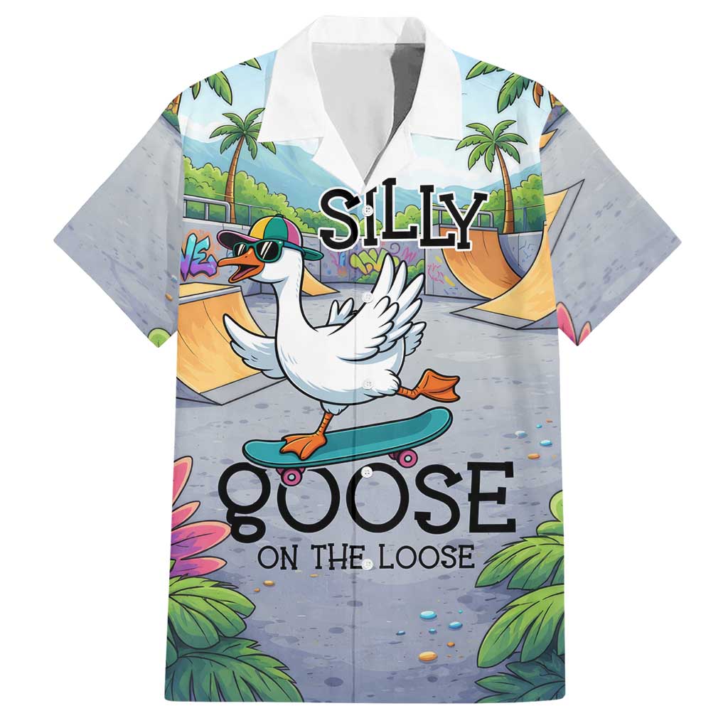 Funny Silly Goose on The Loose Hawaiian Shirt with Skateboard and Palm Trees