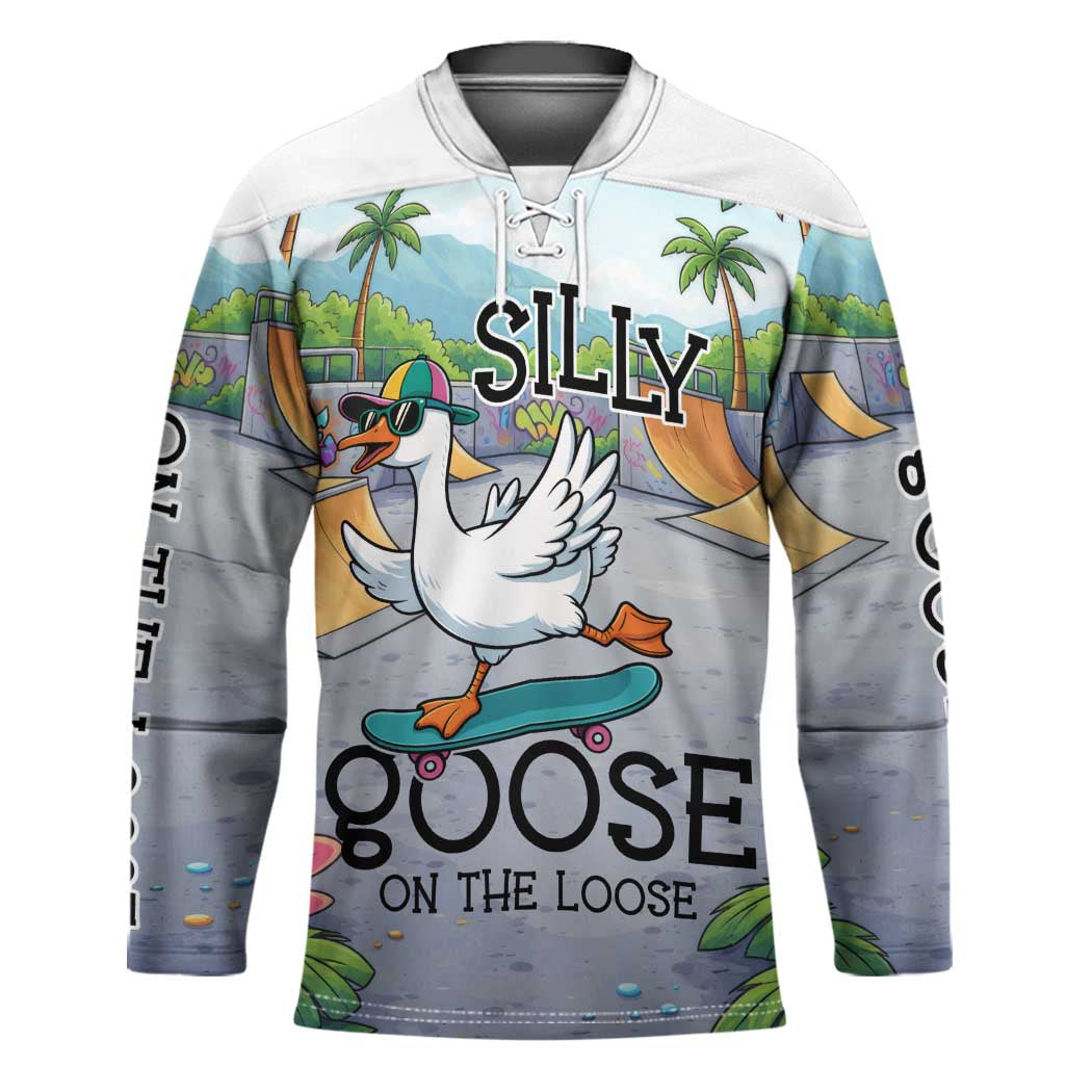 Funny Silly Goose on The Loose Hockey Jersey with Skateboard and Palm Trees